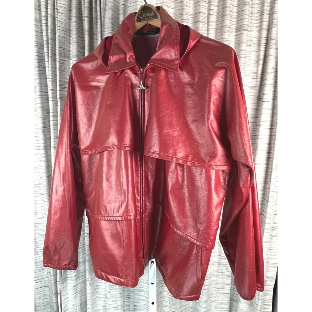 Vintage Duckster Red Metallic Hooded Rain Jacket Womens Large‎ Made in USA FR51